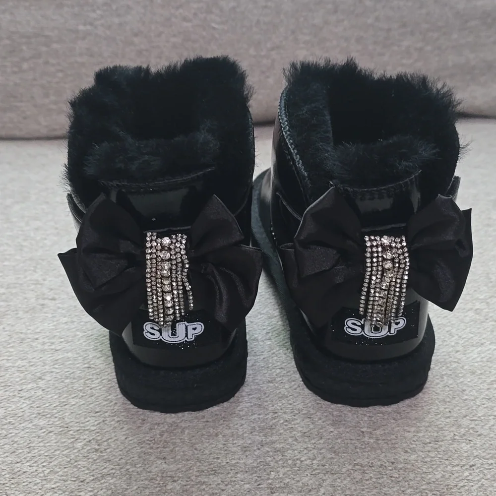 Metallic Black Faux Fur Rhinestone Tassel Bow Boots
